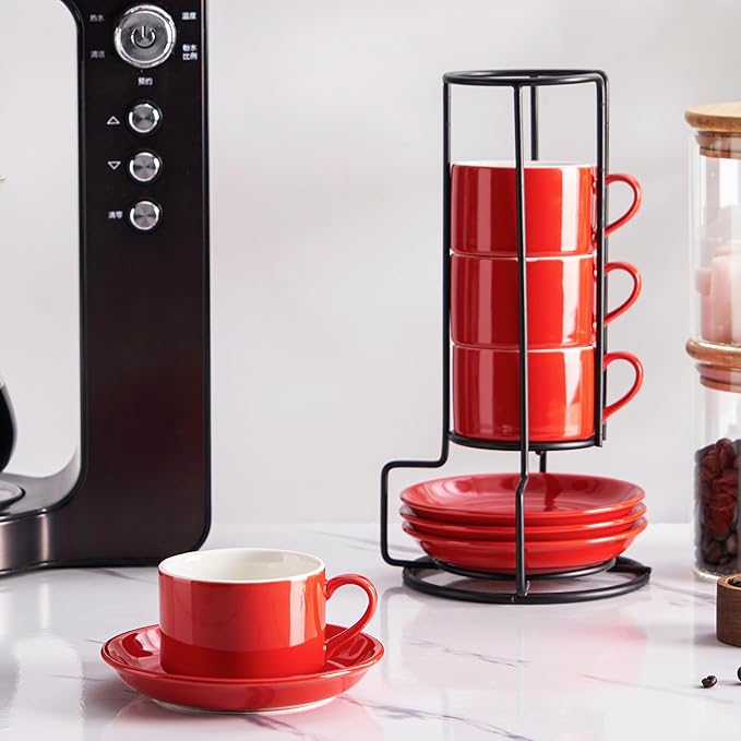 8oz Porcelain Stackable Cappuccino Cups with Saucers and Metal Stand Set of 4, Coffee Cups for Espresso, Specialty Coffee Drinks, Latte, Americano and Tea - Red