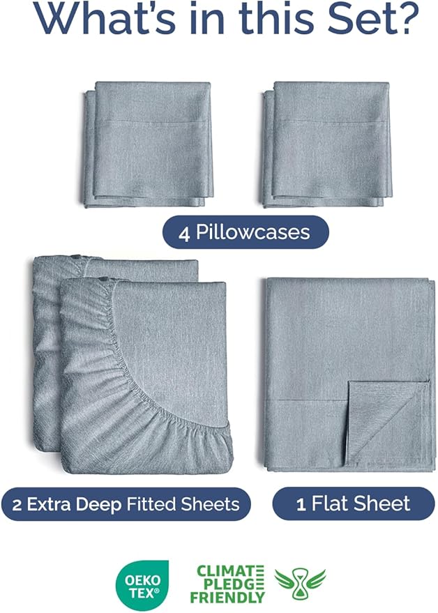 Extra Deep Split King Sheet Set - 7 Piece Breathable & Cooling Sheets - Hotel Luxury Bed Sheets Set - Easy Fit - Soft, Wrinkle Free & Comfy Sheets Set - Heathered Blue Sheet Set w/Extra Deep Pockets