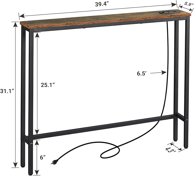 ELYKEN 5.9" Narrow Console Sofa Table with Power Outlets and USB Port, 5.9" Dx39.4 Wx31.1 H Long Behind Couch Table with Metal Frame and 6.5’ Extension Cord, Rustic Brown