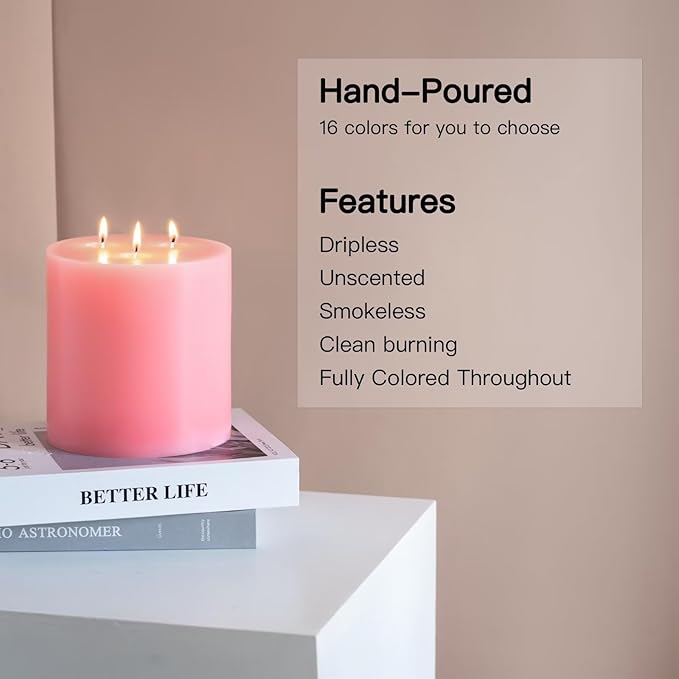 MOZEAL Extra Large 3 Wick Pink Pillar Candle, 6" x 6", Unscented, Dripless, Smokeless, and Clean-Burning. Approx. 120 Hours of Burn Time. Perfect for Weddings, Dinners, Christmas and Home Decor
