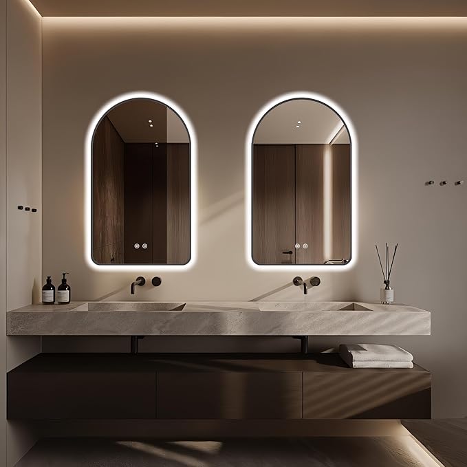 40"x24" Arched LED Bathroom Mirror, Wall Mounted Backlit Mirror with Lights Fog Free Lighted Framed Mirror Smart Anti-Fog 3 Color Temperatures Adjustable Brightness Black