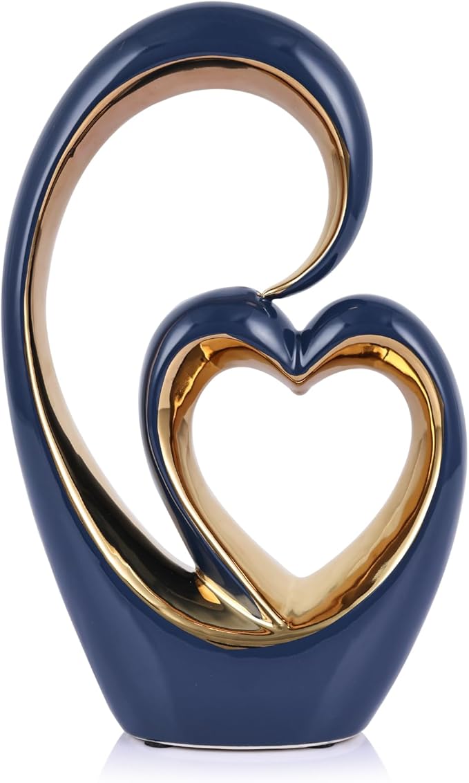 Ceramic Heart Decor Love Statue, Navy Blue Gold Double Hearts Sculptures for Home Table Centerpiece Decor, Valentine, Wedding, Decorative Items for Shelves, Coffee Table Decor (S Heart -Tall)