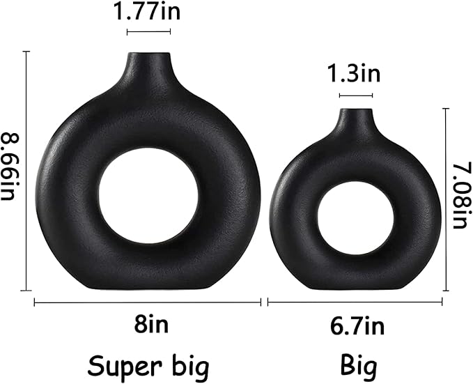 Ceramic Vases Set of 2, Modern Black Round Vase Rustic Home Decor, Donut Ceramic Design Apply to Living Room Kitchen Mantle Bedroom Dining Table Office Black Decor