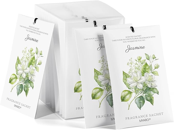 MYARO 12 Packs Jasmine Scented Sachets for Drawer and Closet, Long-Lasting Air Freshener Sachets Bags Drawer deodorizers Fresh Scents, Home Fragrance for Lover