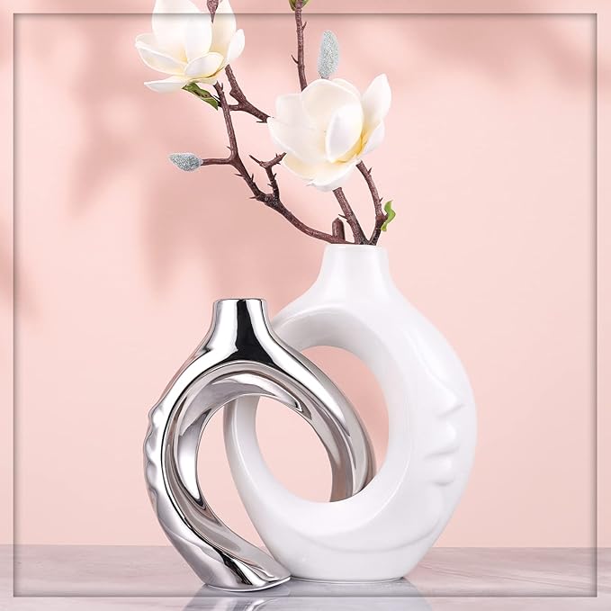 White Ceramic Vase Set of 2, White and Silver Round Donut Ceramic Decorative Vase for Living Room Decor, Bookshelf, Mantel, Dining Table Centerpiece Decor (White Silver)