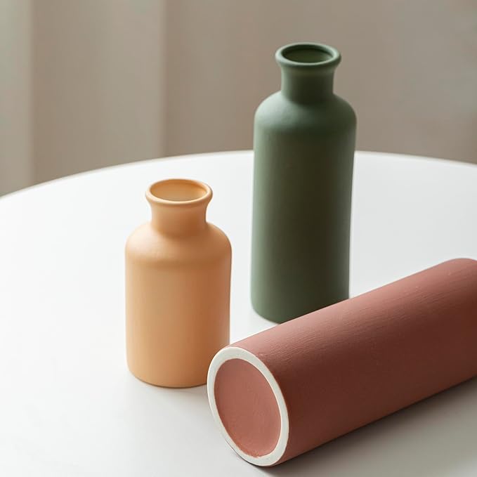 Modern Ceramic Vase Set of 3, Neutral Colors, Decorative Bottles for Home, Farmhouse Rustic Decor (Green Mix)
