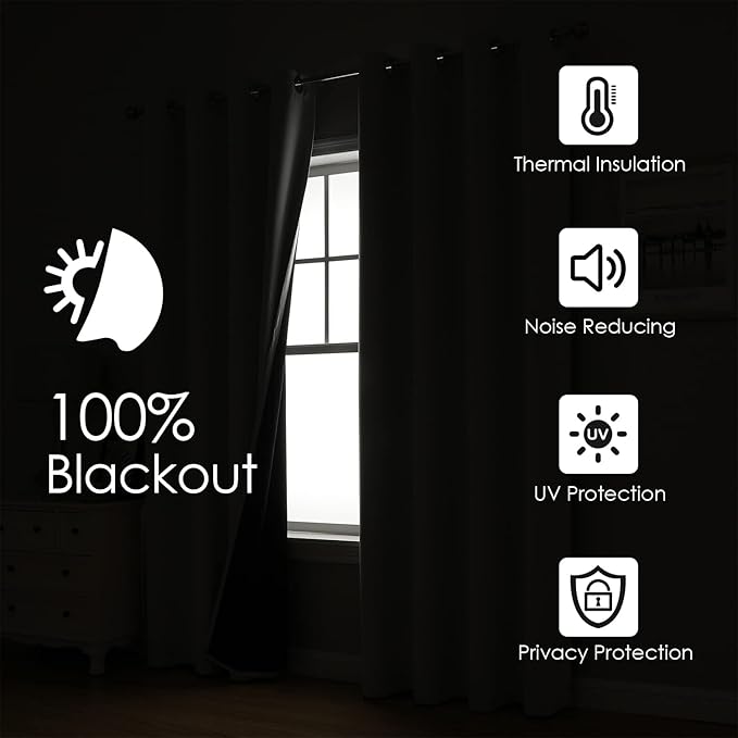ChrisDowa 100% Blackout Curtains for Bedroom with Black Liner, 2 Thick Layers Total Blackout Thermal Insulated Grommet Window Curtains 84 Inch Long 2 Panels Set (Dark Grey, 42 x 84 Inch)