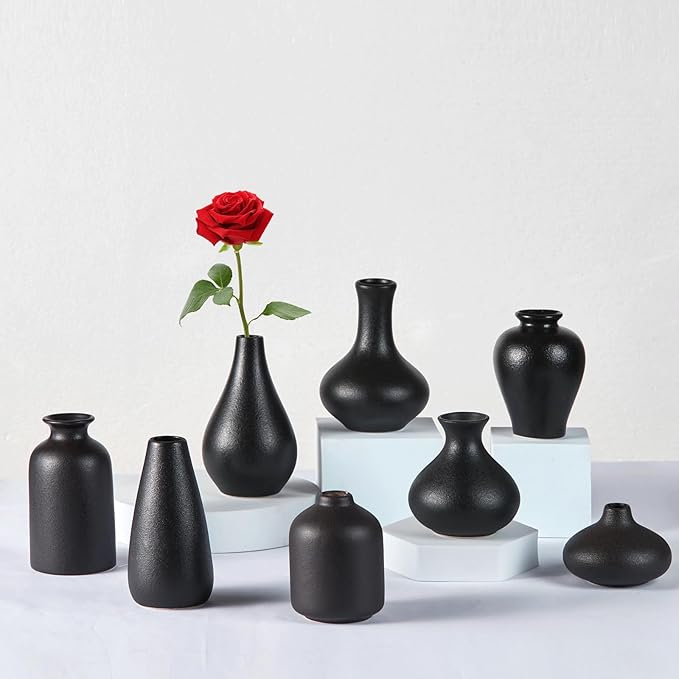 Small Black Vases Set of 8 - Mini Ceramic Bud Vases for Flowers, Pampas Grass, Rustic and Modern Home Decor, Perfect for Living Room, Table Centerpieces, Black Vases Home Decor, Bathroom Decor