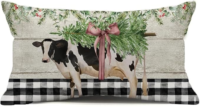 Farmhouse Christmas Pillow Covers 12x20 Inch Buffalo Plaid Xmas Tree Bowknot Winter Holiday Decoration Rustic Xmas Dairy Cow Throw Pillows Decor Cushion Case for Sofa Couch
