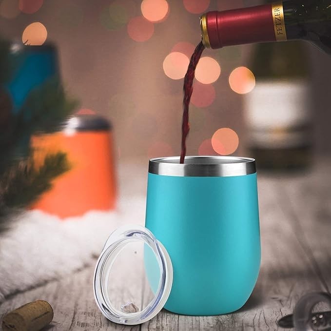 MEWAY 12oz/4 Pack Wine Tumbler Glasses with Lid - Stemless Double Wall Vacuum Stainless Steel Travel Tumbler - Keeping Cold & Hot for Wine,Coffee,Cocktails(Turquoise,Set of 4)
