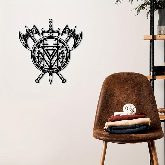 YBLCOZYC Axe & Shield Metal Wall Art - Rustic Scandinavian Viking Decor with Norse Compass Design, Handcrafted Iron Wall Hanging - Unique Nordic Gift for Home, Office & Man Cave