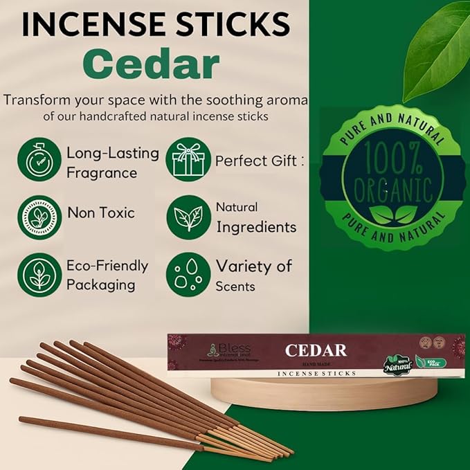 Bless-Cedar 100%-Natural-Handmade-Hand-Dipped-Incense-Sticks Organic-Chemicals-Charcoal-Free Purification-Relaxation-Positivity-Yoga-Meditation Best-Woods-Scent (25 Sticks (1.4 OZ))