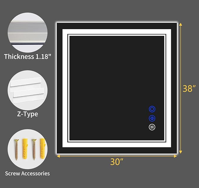 38"x30" LED Bathroom Mirror with Anti-Fog, Stepless Dimmable Lights, 3 Color Modes, Shatter-Proof Tempered Glass, Memory Function & Waterproof Design