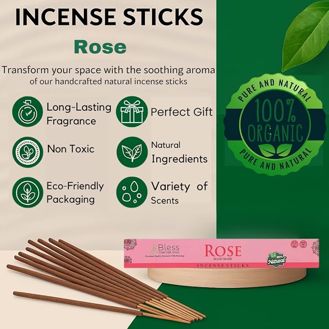 Bless-Rose 100%-Natural-Handmade-Hand-Dipped Organic-Chemicals-Charcoal-Free Purification-Relaxation-Positivity-Yoga-Meditation Best-Woods-Scent (500 Sticks (26 OZ))