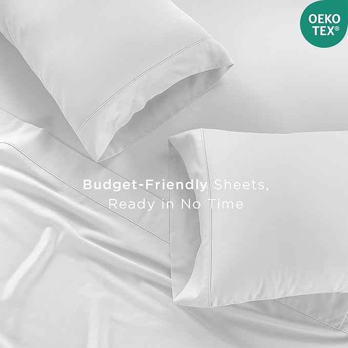 Threadmill Cotton Full Size Sheet Set| 100% Cotton Sheets for Full Size Bed | Solid Sateen Full Bed Sheets Set with 16” Elasticized Deep Pocket | Soft Breathable 4-Piece Cooling Sheet Set | White