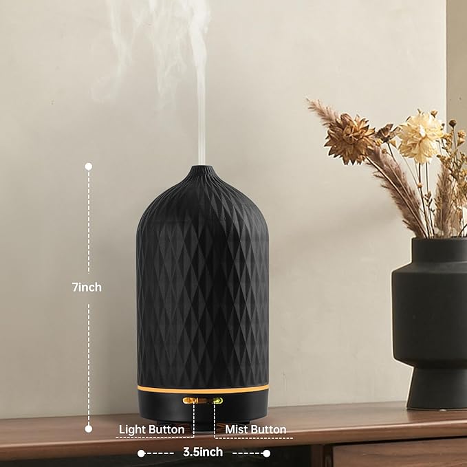 Wanlola Essential Oil Diffuser with Diamond Pattern,120ML Aromatherapy Ceramic Diffusers with Auto Off Function & Warm Light for Home,Decor,Black