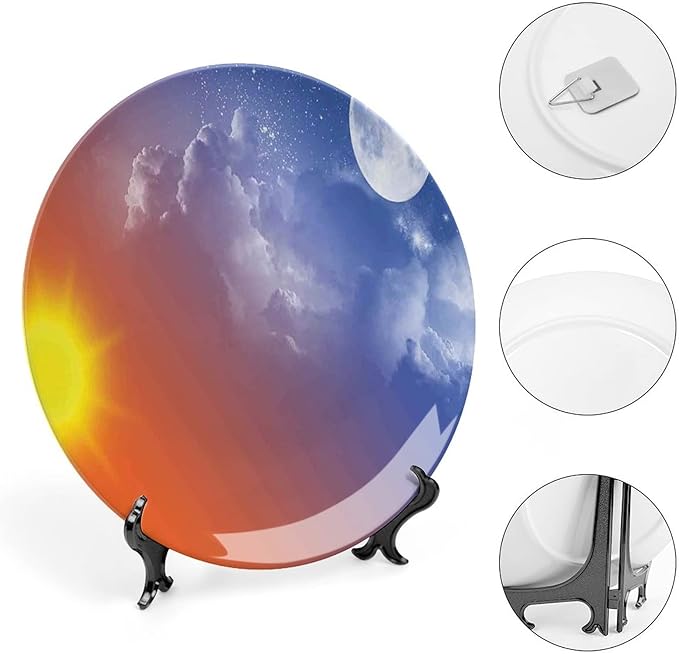 6 Inch Decorative Plate, Macrocosm Dinner Plate, Full Moon Sun Clouds Cycle of the Galaxy Sacred Movement Print Ceramic Wall Hanging for Fine Dining For Upscale Events, Dinner Parties, Weddings
