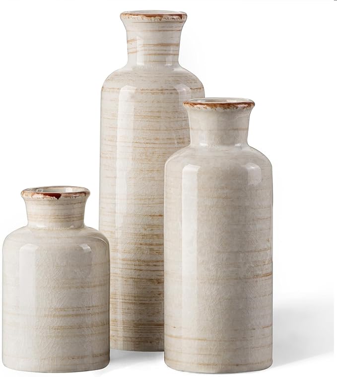 CwlwGO- Ceramic Rustic Vase 3 Piece Set,Small vase for Country Home Decoration,Modern Farmhouse Decor, Living Room Table Decoration, Bookcase, Fireplace and Entrance Decorations.(White)