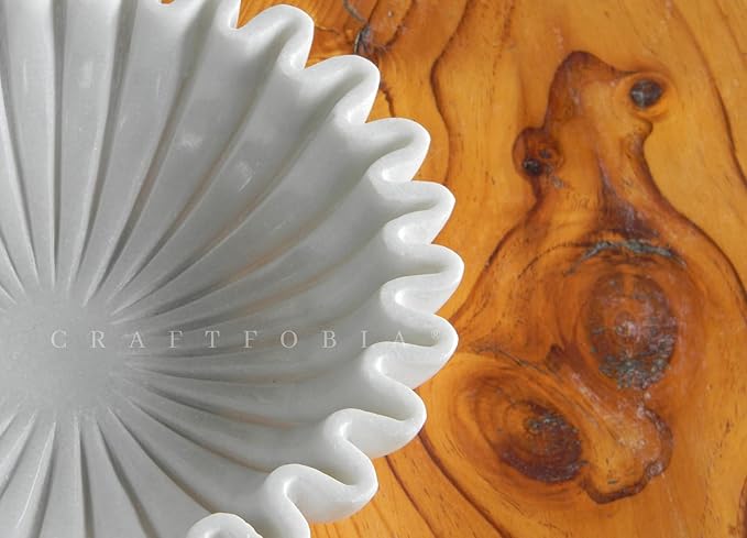 HandCrafted Marble Bowl/Antique Scallop dish/Fruit bowl/Vintage Ring Dish/marble decor Decorative Ruffle Flower scalloped Bowls/HouseWarming Wedding Gift/Urli (8 inches)