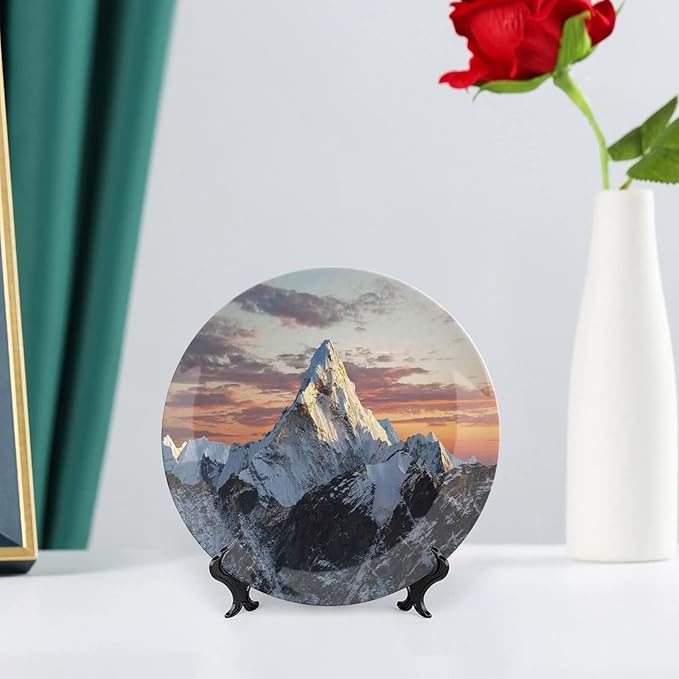 10 Inch Decorative Plate,Apartment Decor Ceramic Craft, Evening of South Mountain Colorful Nepal Everest Print Ceramic Display Plate for Decorative Ornaments Giving Plates, 1 Plate & 1 Display Stand