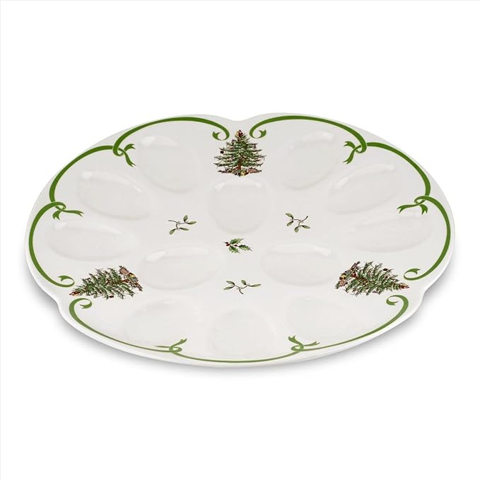 Spode Christmas Tree Deviled Egg Plate, 13 Inch Holiday Egg Serving Platter - Christmas Tree & Mistletoe Motif, Fine Porcelain Tableware, Dishwasher Safe Appetizer Tray, Festive Serveware