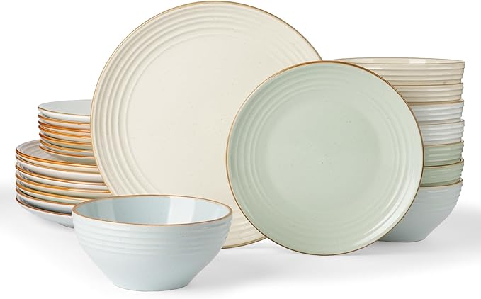 Famiware Jupiter Dinnerware Set, Plates and Bowls Dish Sets for 8 (24 Pieces), Microwave and Dishwasher Safe Stoneware Speckled Tableware, Chip and Scratch Resistant, Multi-color