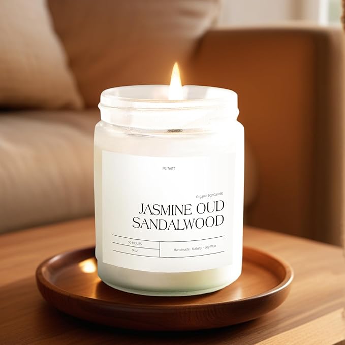 Jasmine, Oud & Sandalwood Scented Candles for Home, Natural Soy Wax Aromatherapy Non Toxic Candle Gifts for Women Men, Home Fragrance Decoration Glass Jar Candle for Relaxation (9oz White