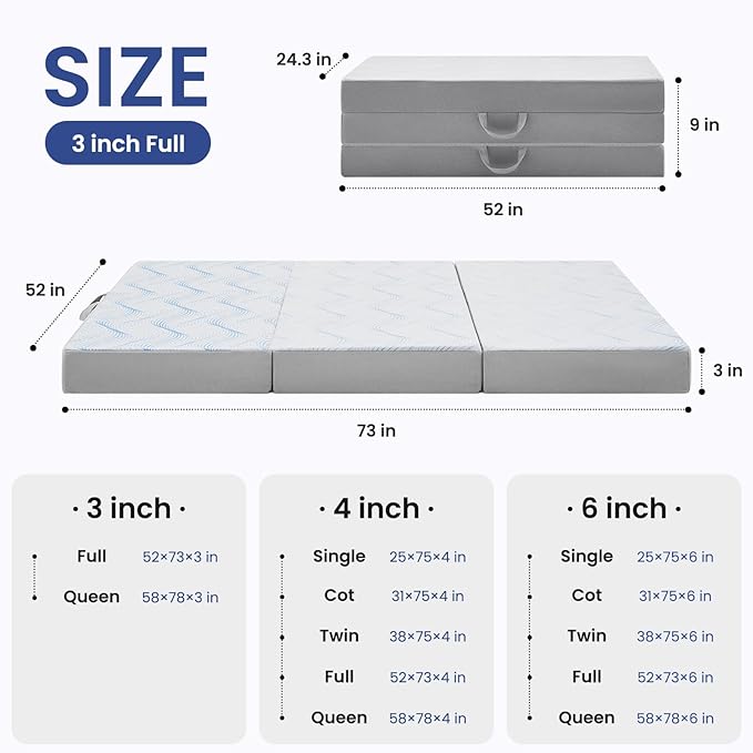 Foldable Mattress Full 3 inch -Portable White Memory Foam Folding Matress with Washable Cover for Camping Travel Guest Room Home Use-Non-Slip&Easy Storage