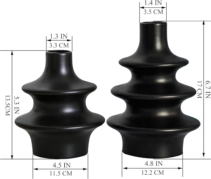 Boho Ceramic Vase Set, Matte Black Aesthetic Vase, Small Mid Century Vases for Home Decor, Nordic Minimalist Vase for Entryway, Living Room Decoration, Table Centerpieces
