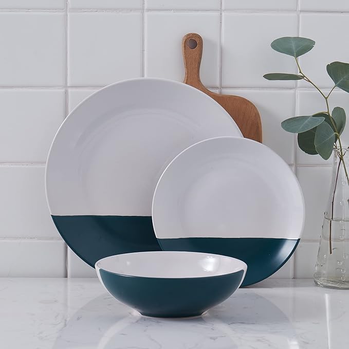 Stone + Lain Lizzy Stoneware 12-Piece Round Dinnerware Set, Emerald Green