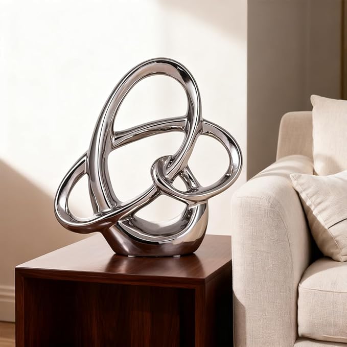 Modern Silver Ceramic Statue – 8.66in Abstract Art Sculpture for Dining Table Decorations, Home Decor Accents for Shelf, Mantel, Office or Living Room Centerpieces