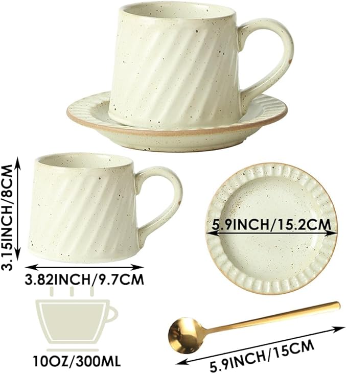 Vintage Ceramic Tea Cup and Saucer Set with Spoon, 10 oz Retro Porcelain Coffee Mug (Cream Fleck)