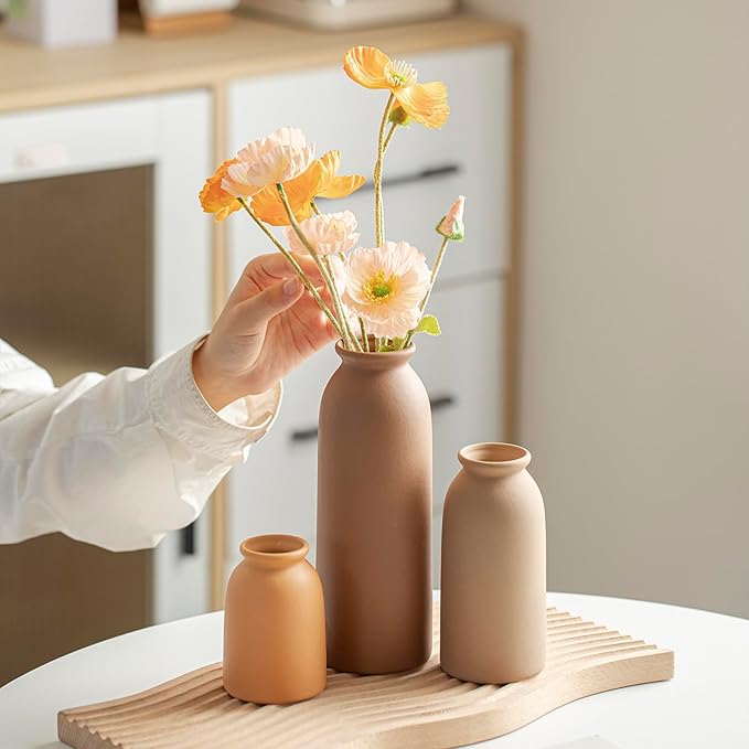 Ceramic Vase Set-3, Small Flower Vases for Decor, Modern Boho Farmhouse Style, Decorative Vases for Pampas Grass & Dried Flowers, Distressed Finish (Earth Tone)