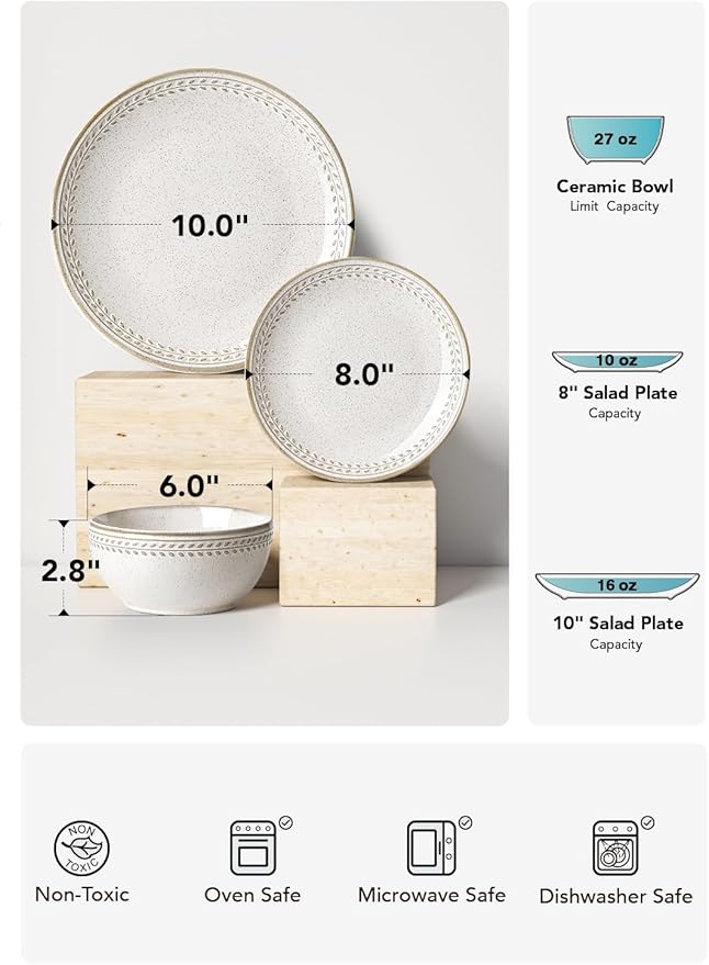 LE TAUCI Dinnerware Sets for 4, 12 Piece Ceramic Dish Set with Plates and Bowls | Oven/Dishwasher/Microwave Safe | Ideal for Housewarming | Reactive Beige (10" Plate+8" Dish+27oz Bowl)