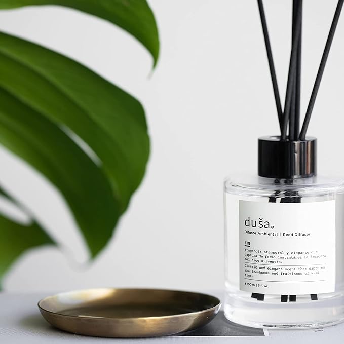 Duša Santal Reed Diffuser & Sticks - 5 Fl Oz Essential Home Fragrance Decor for Bathroom, Office & Living Spaces – Stylish & Long-Lasting Room Air Freshener -Ideal for Housewarming & Special Occasions