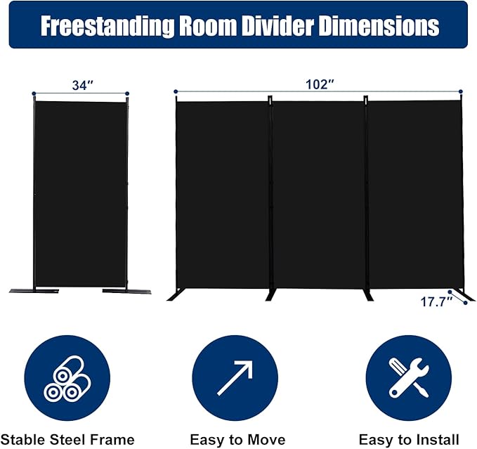 Room Divider 6FT Portable Room Dividers and Folding Privacy Screens, 102'' W Fabric Divider for Room Separation, 3 Panel Partition Room Dividers Freestanding Wall Divider Screen for Dorm Studio Office