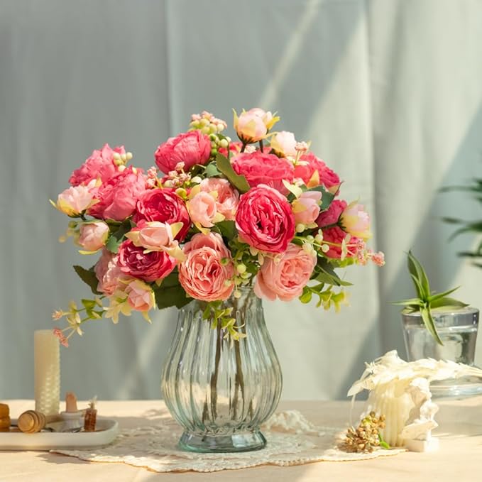 Artificial Peonies Silk Flowers in Glass Vase Faux Flowers Bouquets Modern Penoy Arrangement 4 Pack for Home Decoration Table Centerpiece (Rose Red)