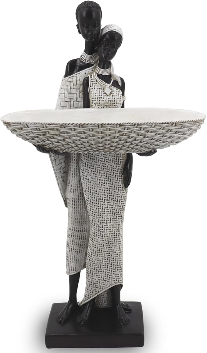 Ivory White African Couple Statue - Minimalist Standing Figure with 7.8" Basket, Resin Home Decor for Small Items, Neutral Shelf Accent (12.5" H)