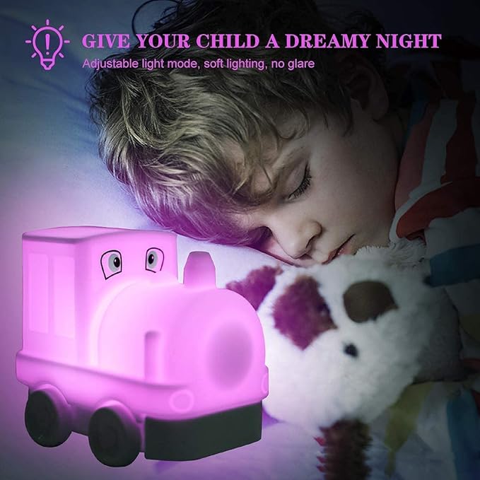 Kids Night Light, USB Rechargeable, 9 Color-Changing, Eye-Caring, Remote & Touch Control, Adjustable Brightness, Girl & Boy Gift - Train