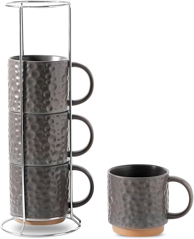 Nihow Ceramic Coffee Mug Set of 4, 16OZ Stackable Coffee Mug Set with Stainless Stand,Large Cup Set for Cappuccino,Tea,Hot/Cold Drinks,Dishwasher & Microwave Safe,Matte Gray