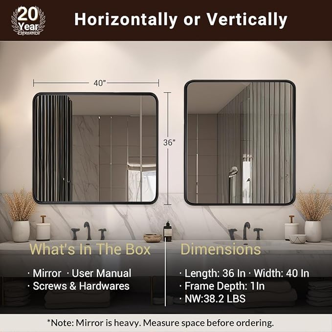 ANDY STAR 40X36 Inch Black Bathroom Mirror, Black Bathroom Vanity Mirrors for Wall, Rounded Rectangle Mirror for Bathroom, Seamless Tube Metal Frame, 1’’ Deep Wall Mounted Vertical/Horizontal