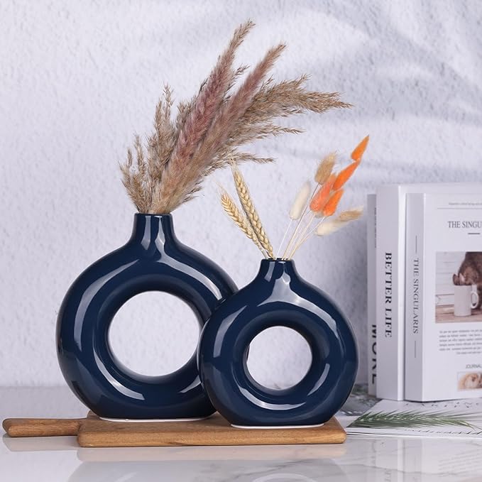 Bright Blue Ceramic Vase Set of 2 - Decorative Circular Blue Vases for Centerpieces, Farmhouse and Home Decor - Ideal for Living Room, Kitchen, Bedroom, Dining Table and Office Decor