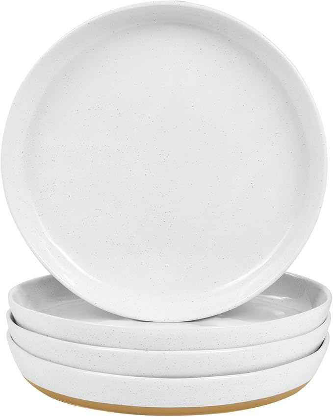 8-Inch Stoneware Plates Set of 4 - Porcelain Dinner Plates - Microwave and Dishwasher Safe, Ceramic Plates Set,Scratch Resistant. Kitchen Porcelain Dish,White(Brown Bottom)