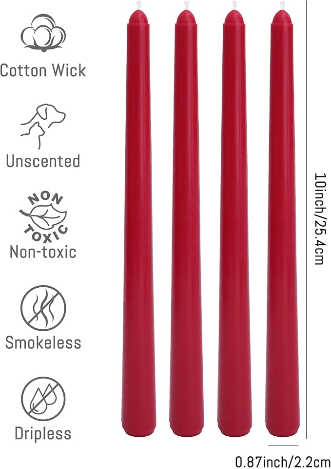 Viyffo Taper Candles 10 Inch – 12 Pack Winter Berry Red, Dripless, Unscented, Smokeless – 8 Hour Burn – Tall Candlesticks for Wedding, Dinner, Holiday, Party, Home Decor