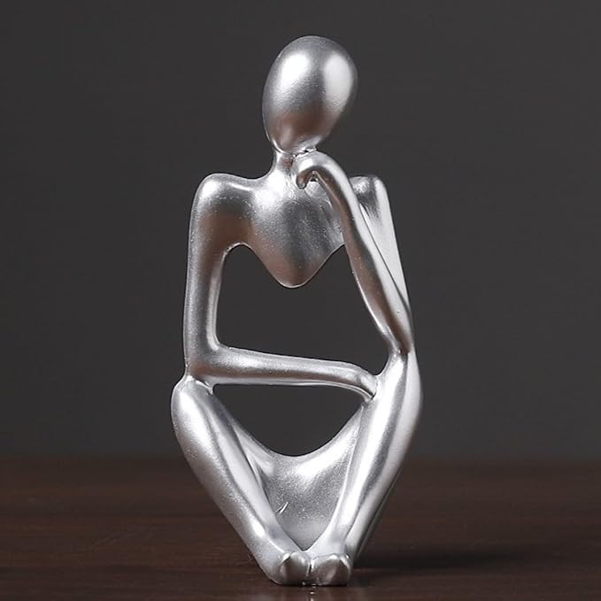 Thinker Statue Decor, Abstract Resin Sculpture – Modern Art Figurine for Home, Office, Bookshelf, Desk Decoration | Meaningful Housewarming, Birthday, Graduation Gift (Silver)