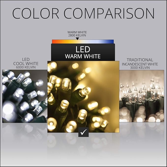 Wintergreen Lighting 50 Count LED Warm White Christmas Lights, 17 ft Green Wire Indoor/Outdoor Commercial Grade 5mm Wide Angle Mini String
