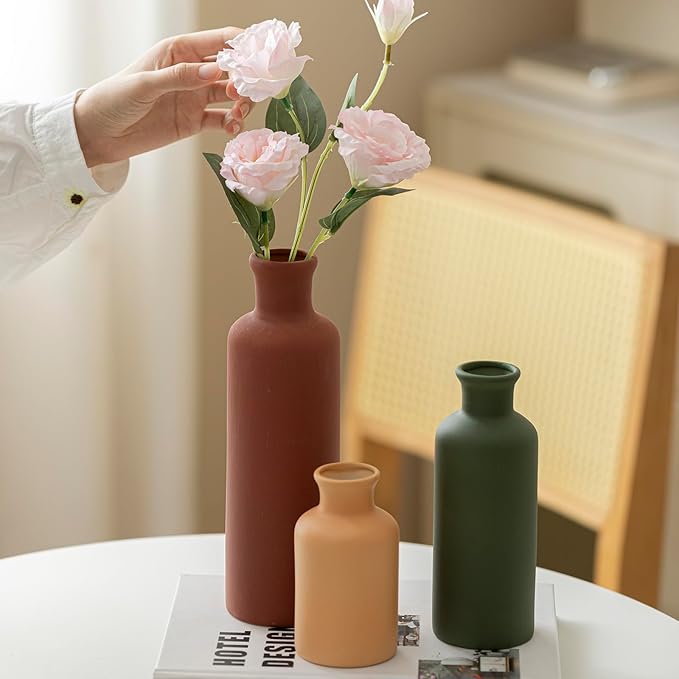 Modern Ceramic Vase Set of 3, Neutral Colors, Decorative Bottles for Home, Farmhouse Rustic Decor (Green Mix)