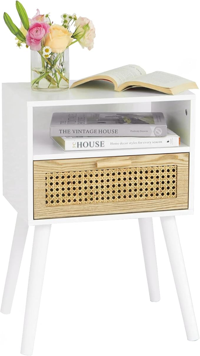 MaxSmeo White Nightstand with Drawer, Mid Century Modern Nightstand, Rattan Side Table, End Table with Storage for Living Room, Bedroom and Small Spaces, Easy Assembly (White)
