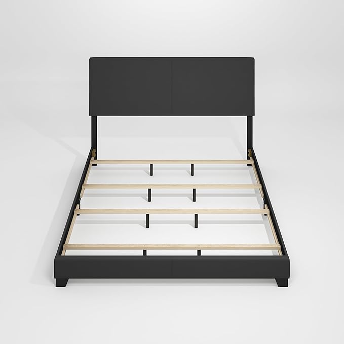 Furinno PESSAC Bed Frame, California King Size Bedframe with PU Leather Upholstery Headboard, Bed with Legs, Wooden Slat Support, Easy Assembly, for Bedroom, Dorm, Plain Black
