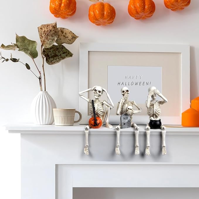 Halloween Skeleton Stalue Set of 3, Gothic Decoration of Skull with Pumpkinand Tombstone, See Speak Hear No Evil Statues Home Decor